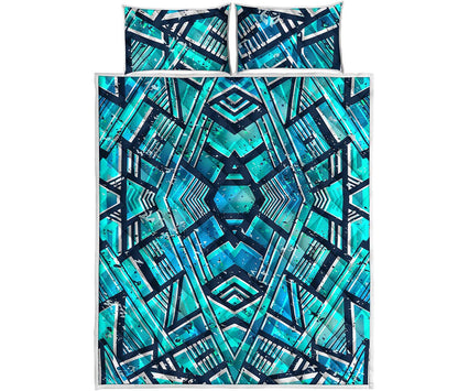 Turquoise Ethnic Aztec Trippy Print Quilt Bed Set