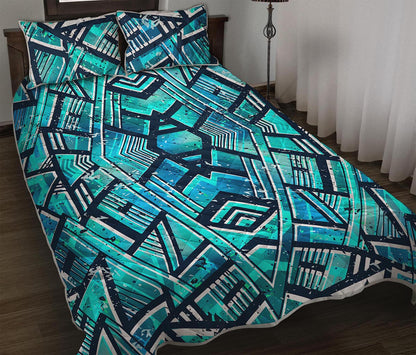 Turquoise Ethnic Aztec Trippy Print Quilt Bed Set