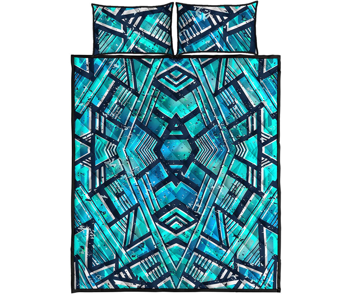 Turquoise Ethnic Aztec Trippy Print Quilt Bed Set