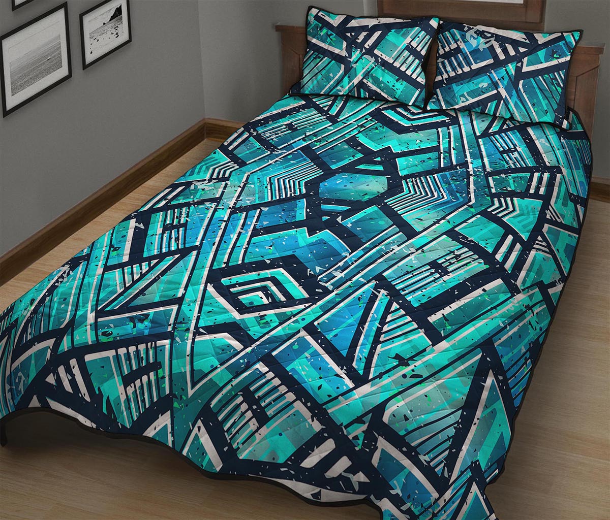 Turquoise Ethnic Aztec Trippy Print Quilt Bed Set
