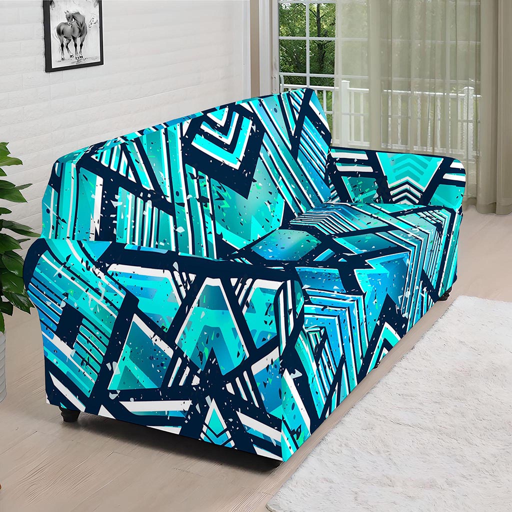 Turquoise Ethnic Aztec Trippy Print Sofa Cover