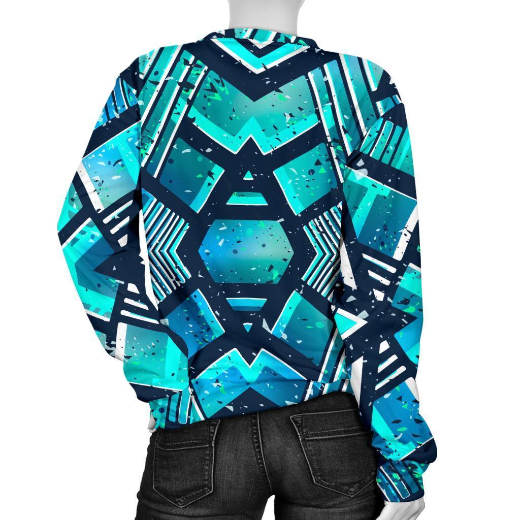 Turquoise Ethnic Aztec Trippy Print Women's Crewneck Sweatshirt GearFrost