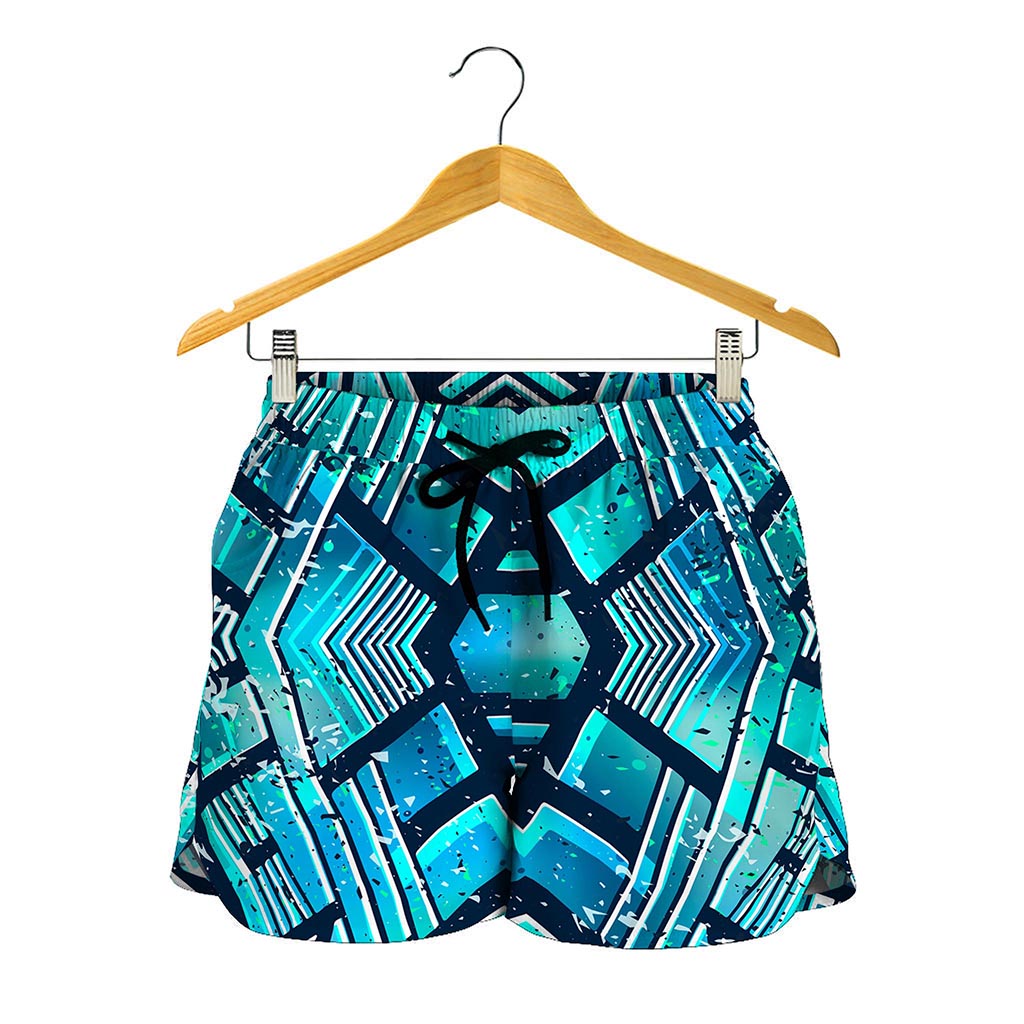 Turquoise Ethnic Aztec Trippy Print Women's Shorts