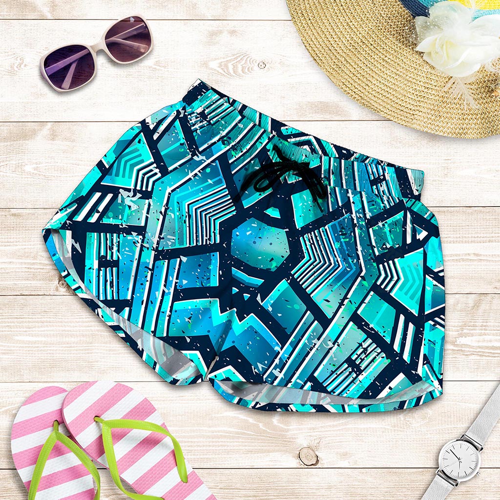 Turquoise Ethnic Aztec Trippy Print Women's Shorts
