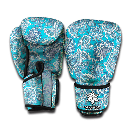 Turquoise Floral Bohemian Pattern Print Boxing Gloves