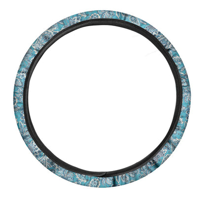 Turquoise Floral Bohemian Pattern Print Car Steering Wheel Cover
