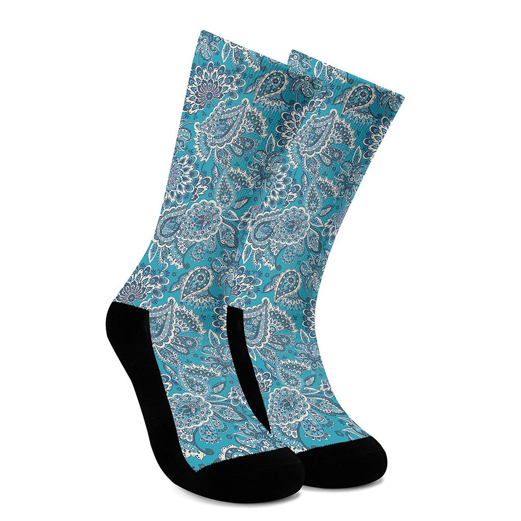 Turquoise Floral Bohemian Pattern Print Crew Socks