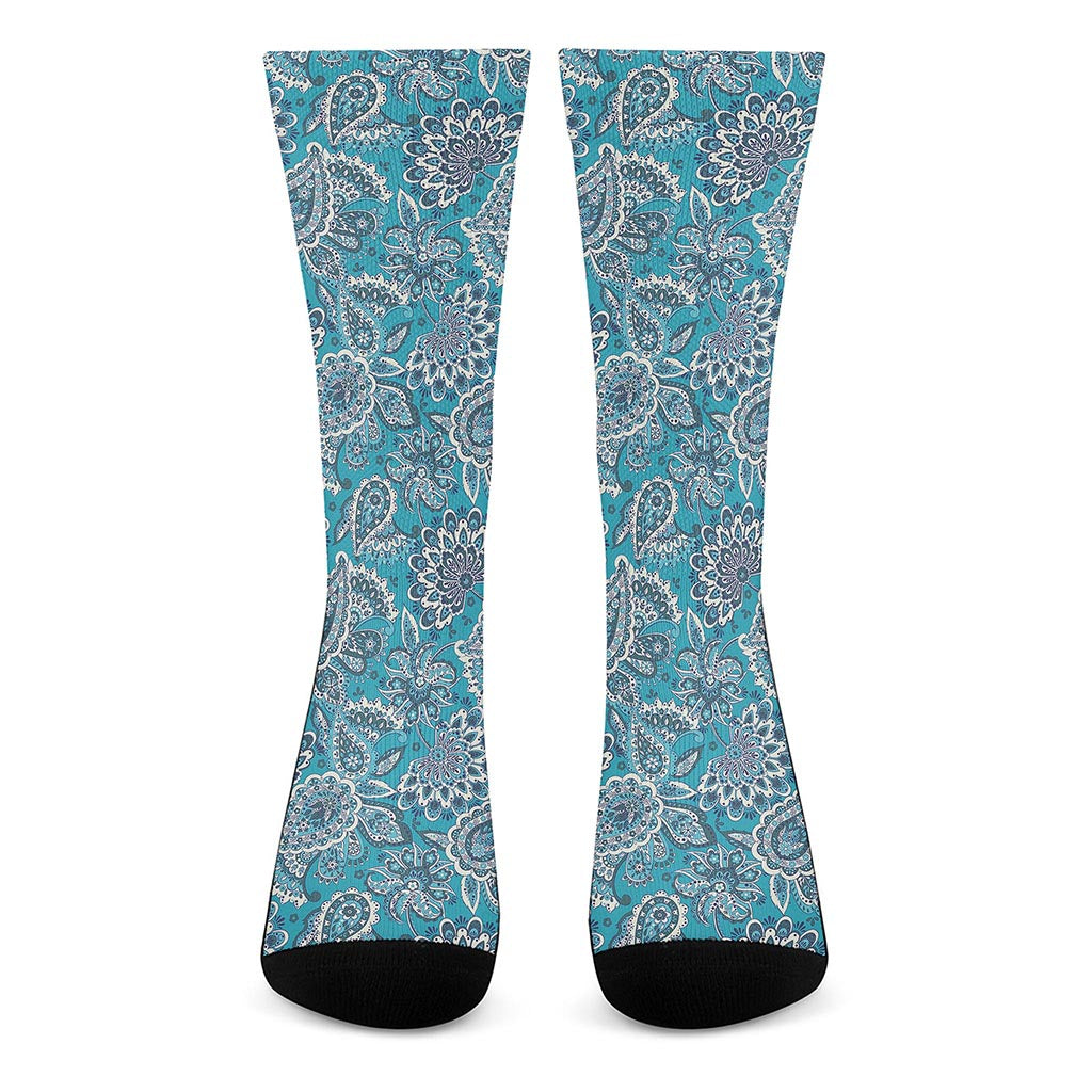 Turquoise Floral Bohemian Pattern Print Crew Socks