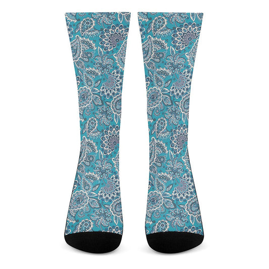 Turquoise Floral Bohemian Pattern Print Crew Socks