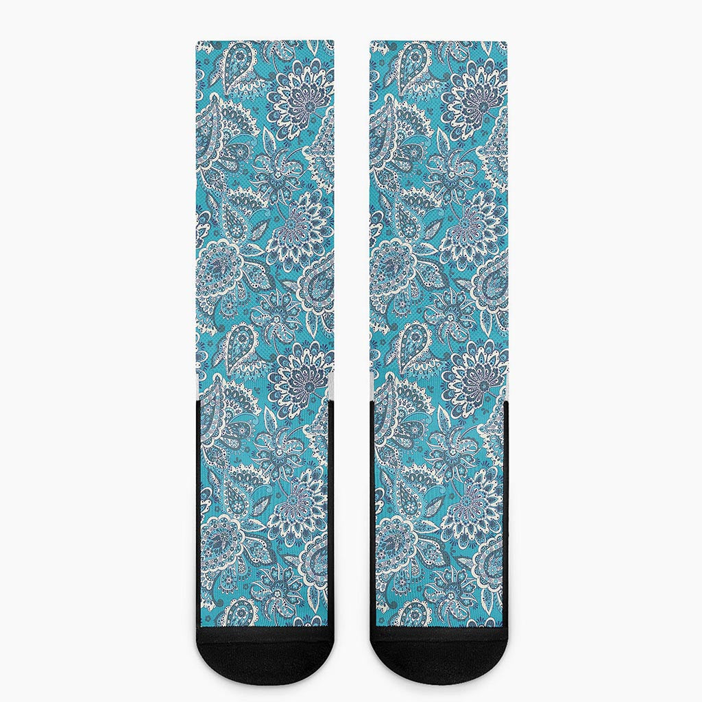 Turquoise Floral Bohemian Pattern Print Crew Socks