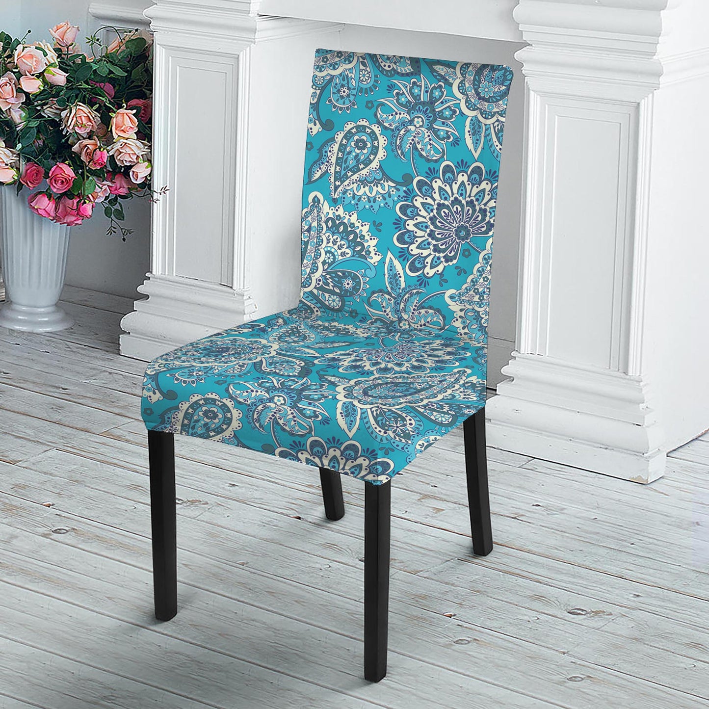 Turquoise Floral Bohemian Pattern Print Dining Chair Slipcover