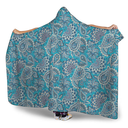 Turquoise Floral Bohemian Pattern Print Hooded Blanket