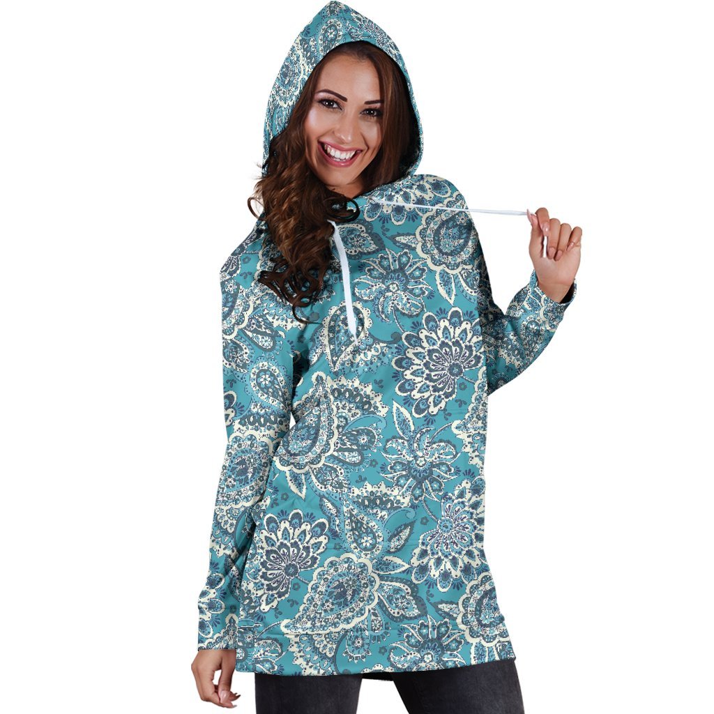 Turquoise Floral Bohemian Pattern Print Hoodie Dress GearFrost