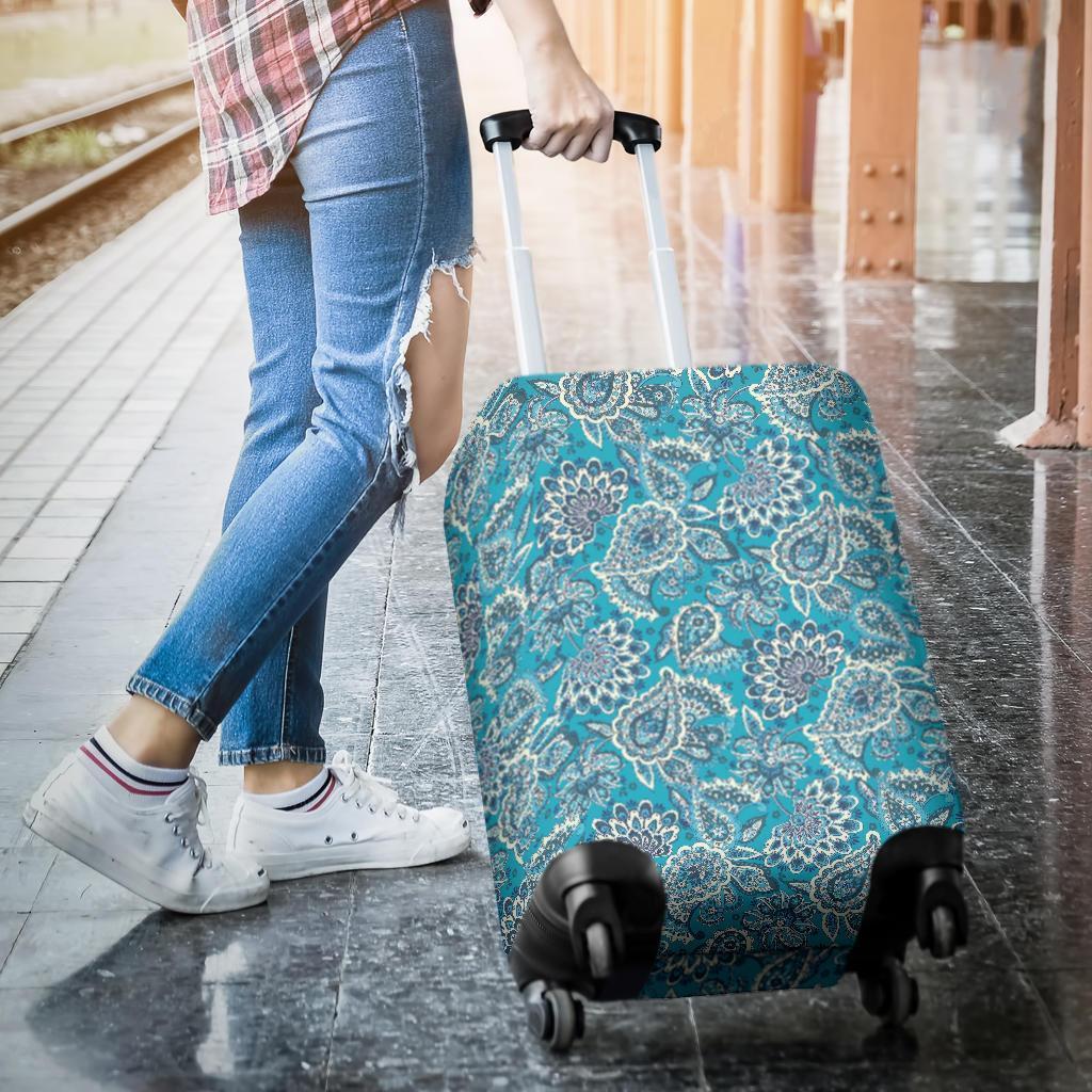 Turquoise Floral Bohemian Pattern Print Luggage Cover GearFrost