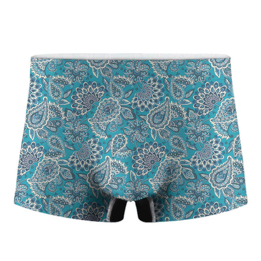Turquoise Floral Bohemian Pattern Print Men's Boxer Briefs
