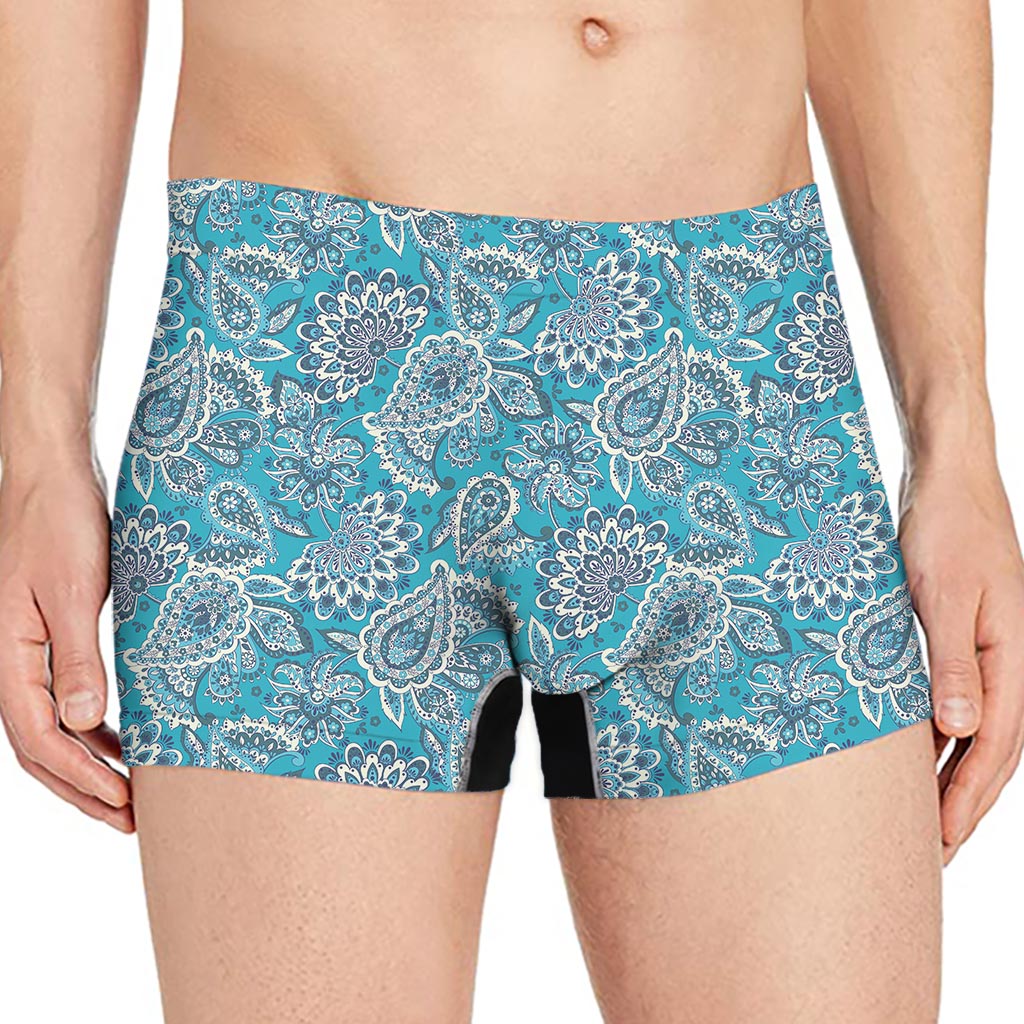 Turquoise Floral Bohemian Pattern Print Men's Boxer Briefs