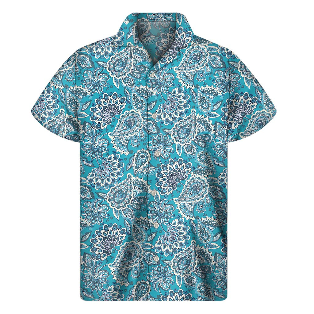 Turquoise Floral Bohemian Pattern Print Men's Short Sleeve Shirt