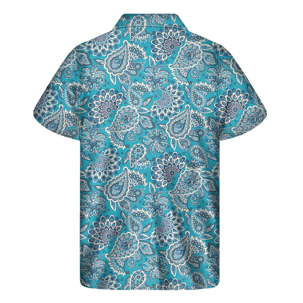 Turquoise Floral Bohemian Pattern Print Men's Short Sleeve Shirt