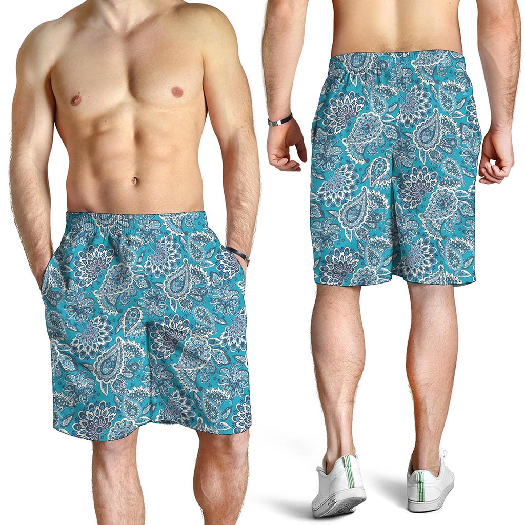 Turquoise Floral Bohemian Pattern Print Men's Shorts