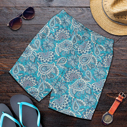 Turquoise Floral Bohemian Pattern Print Men's Shorts