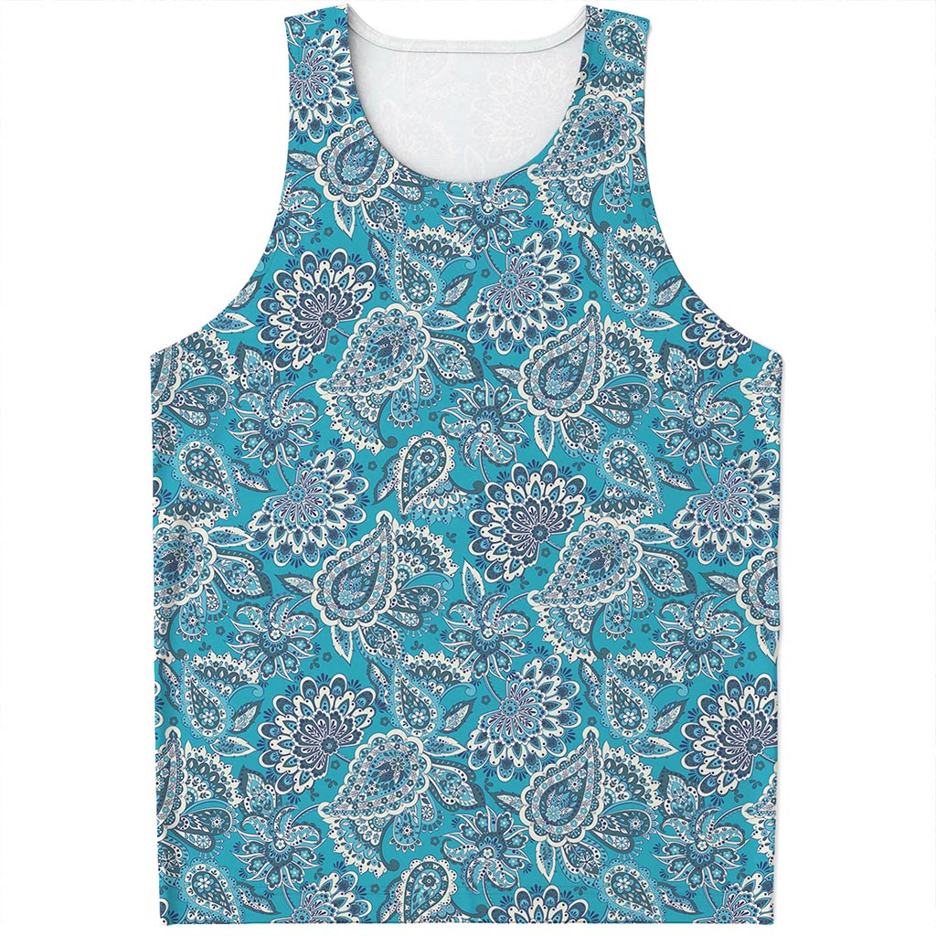 Turquoise Floral Bohemian Pattern Print Men's Tank Top