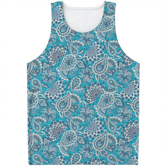 Turquoise Floral Bohemian Pattern Print Men's Tank Top