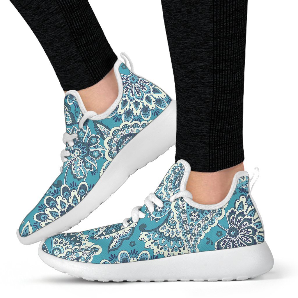 Turquoise Floral Bohemian Pattern Print Mesh Knit Shoes GearFrost