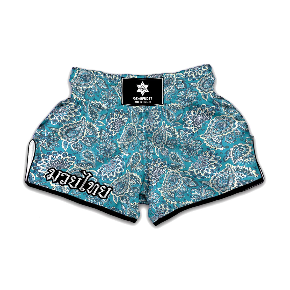 Turquoise Floral Bohemian Pattern Print Muay Thai Boxing Shorts