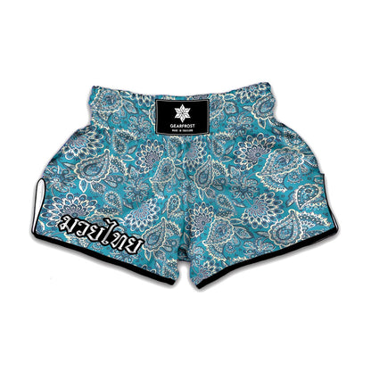 Turquoise Floral Bohemian Pattern Print Muay Thai Boxing Shorts