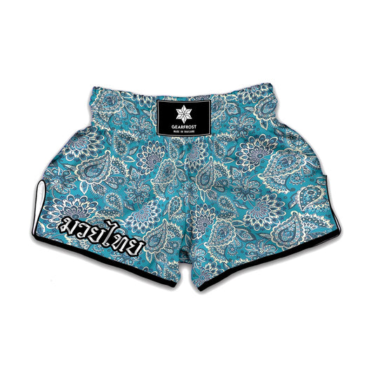 Turquoise Floral Bohemian Pattern Print Muay Thai Boxing Shorts