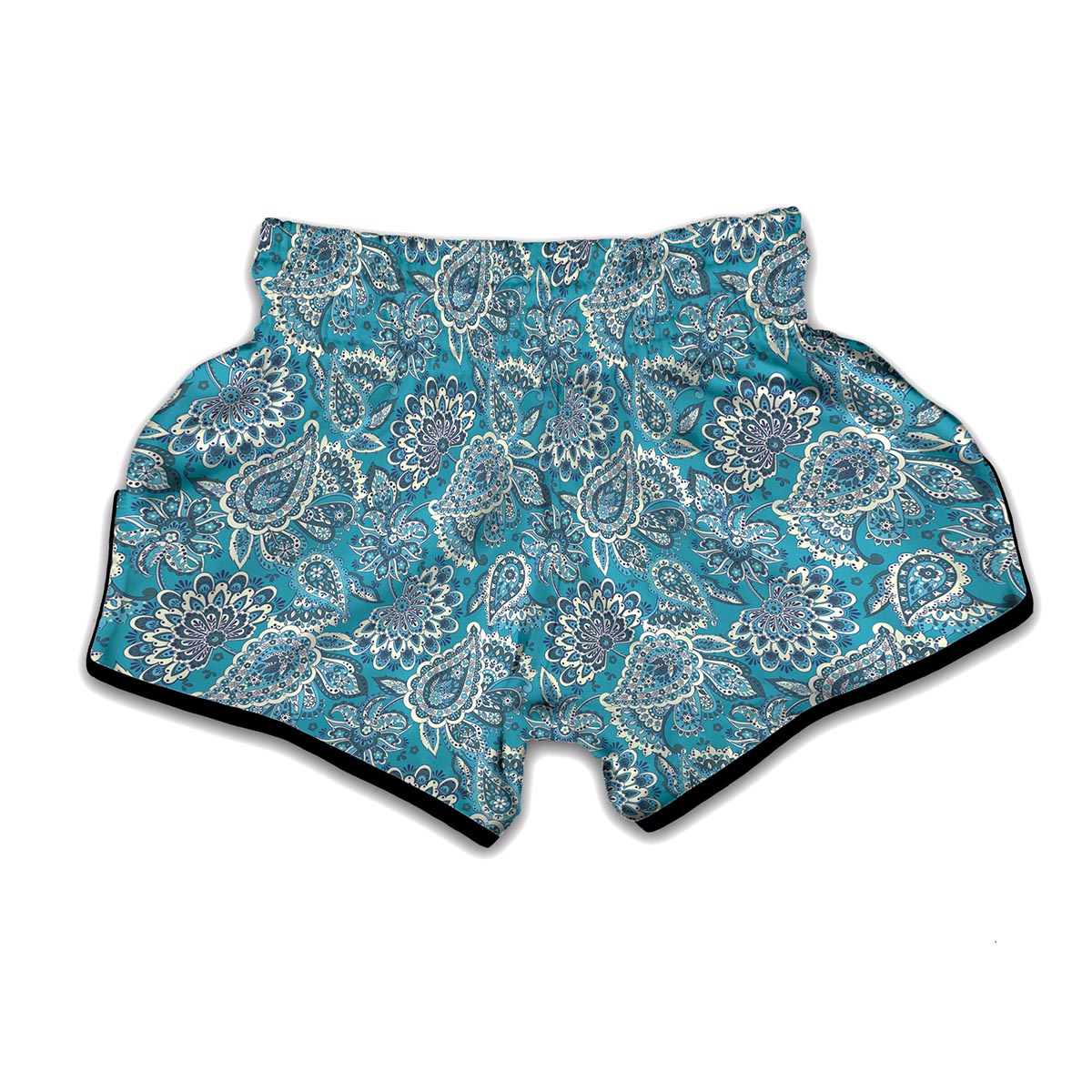 Turquoise Floral Bohemian Pattern Print Muay Thai Boxing Shorts