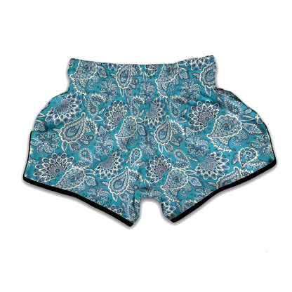 Turquoise Floral Bohemian Pattern Print Muay Thai Boxing Shorts