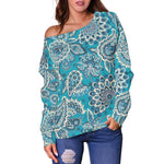 Turquoise Floral Bohemian Pattern Print Off Shoulder Sweatshirt GearFrost