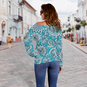 Turquoise Floral Bohemian Pattern Print Off Shoulder Sweatshirt GearFrost