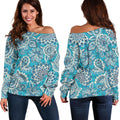 Turquoise Floral Bohemian Pattern Print Off The Shoulder Sweatshirt