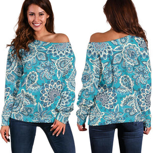 Turquoise Floral Bohemian Pattern Print Off Shoulder Sweatshirt GearFrost