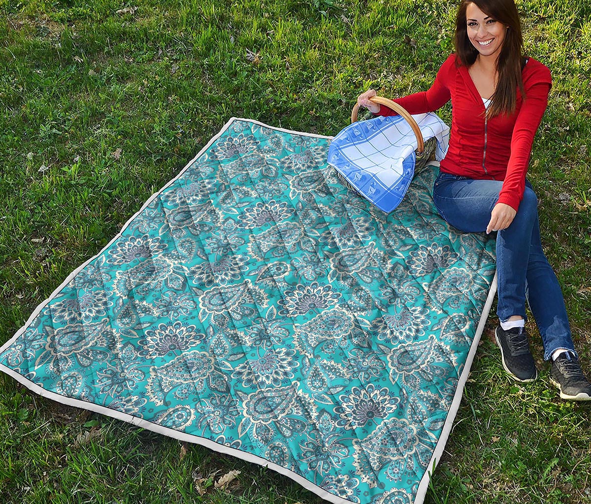 Turquoise Floral Bohemian Pattern Print Quilt