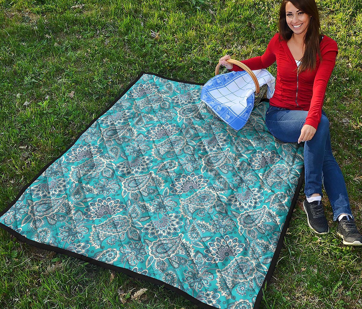 Turquoise Floral Bohemian Pattern Print Quilt