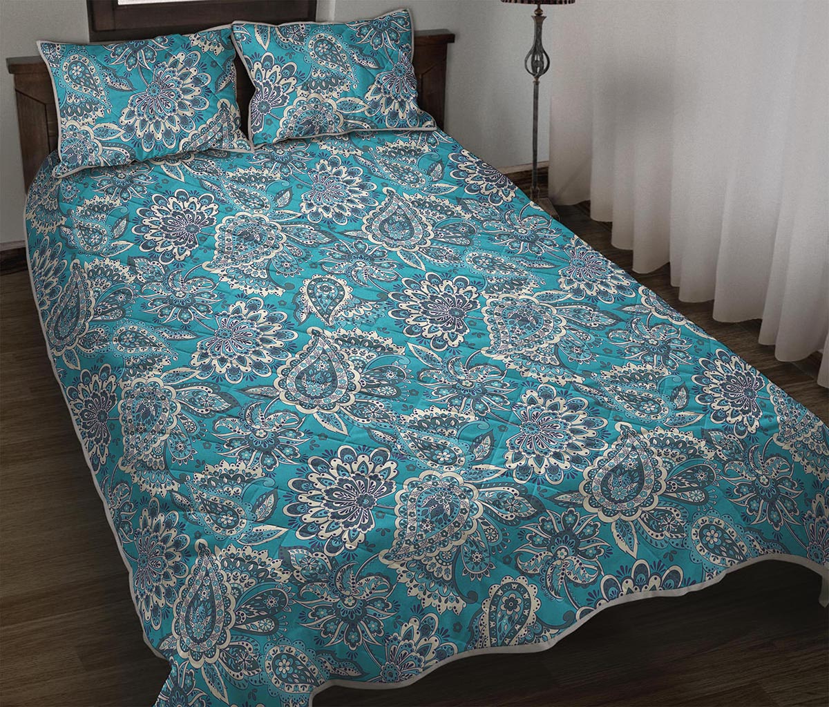 Turquoise Floral Bohemian Pattern Print Quilt Bed Set