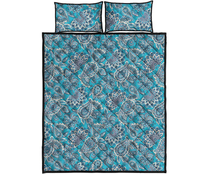 Turquoise Floral Bohemian Pattern Print Quilt Bed Set