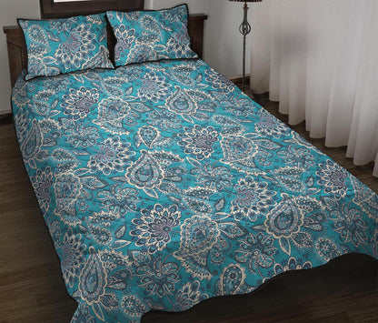 Turquoise Floral Bohemian Pattern Print Quilt Bed Set