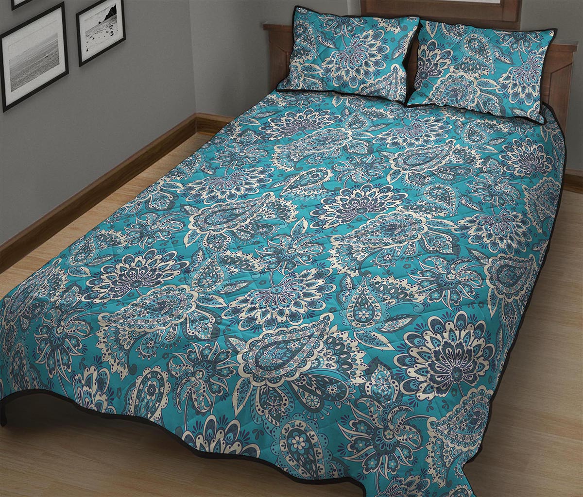 Turquoise Floral Bohemian Pattern Print Quilt Bed Set