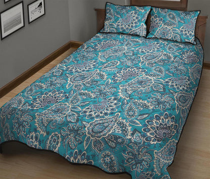 Turquoise Floral Bohemian Pattern Print Quilt Bed Set