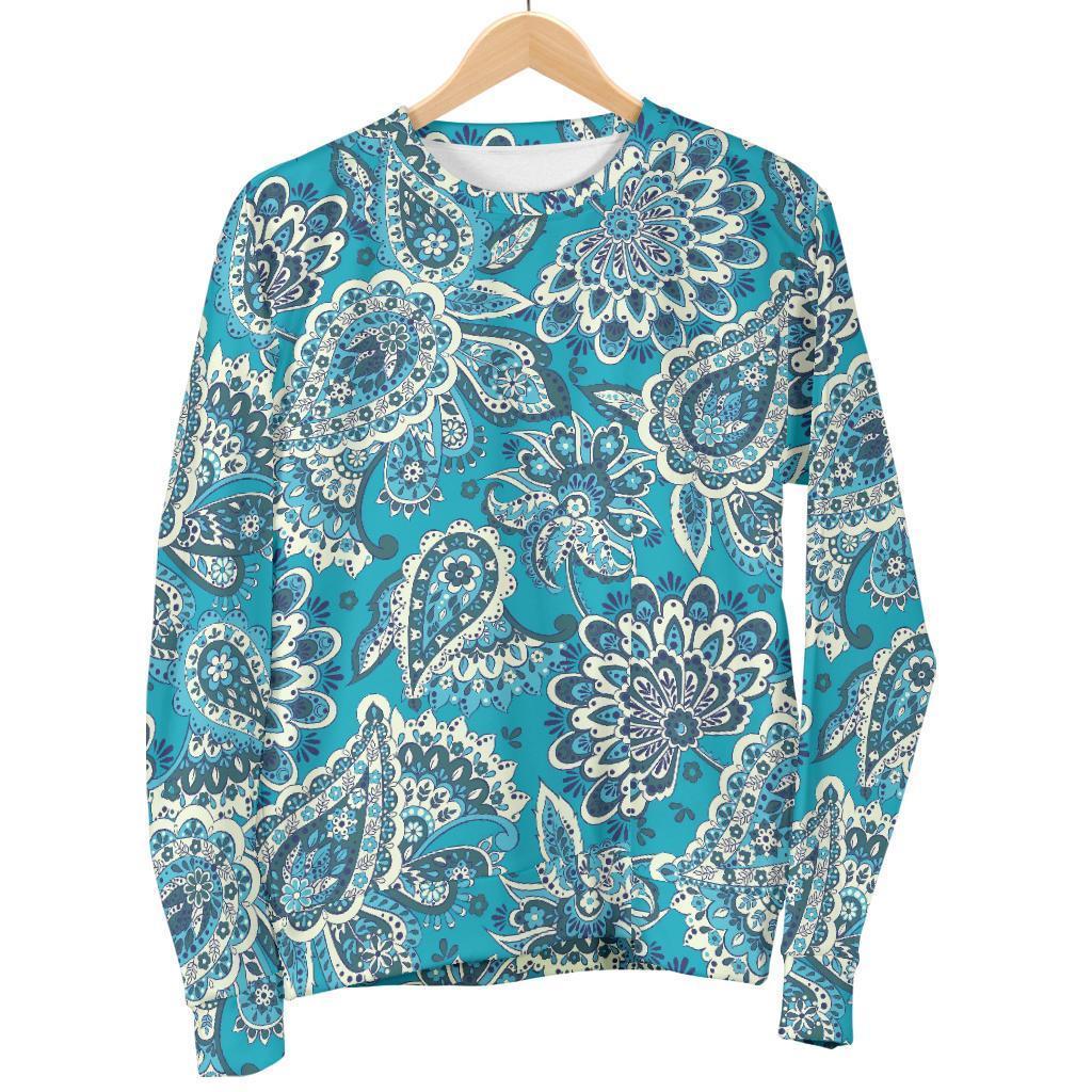 Turquoise Floral Bohemian Pattern Print Women's Crewneck Sweatshirt GearFrost