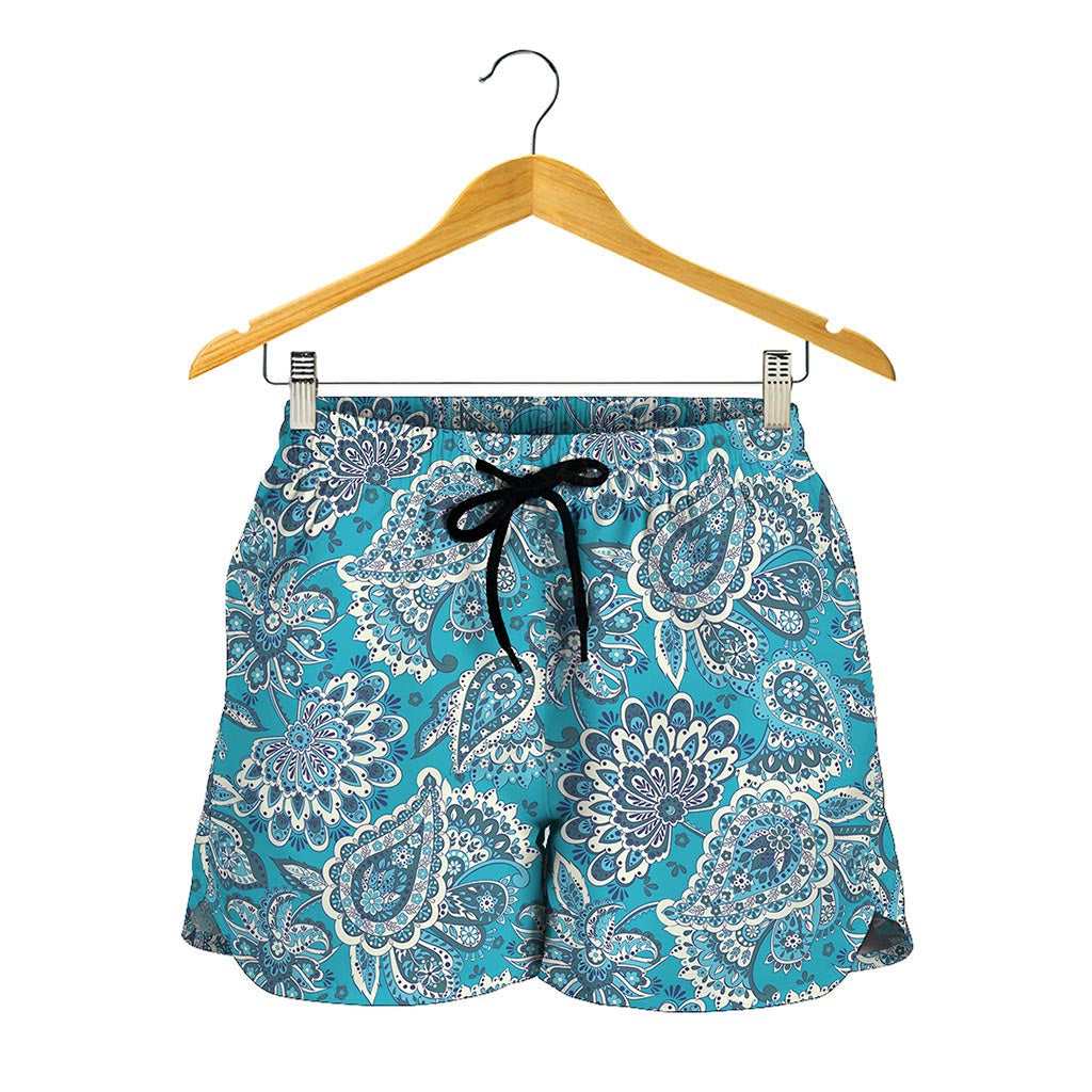 Turquoise Floral Bohemian Pattern Print Women's Shorts