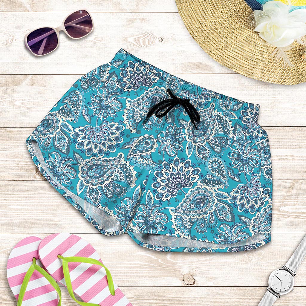 Turquoise Floral Bohemian Pattern Print Women's Shorts