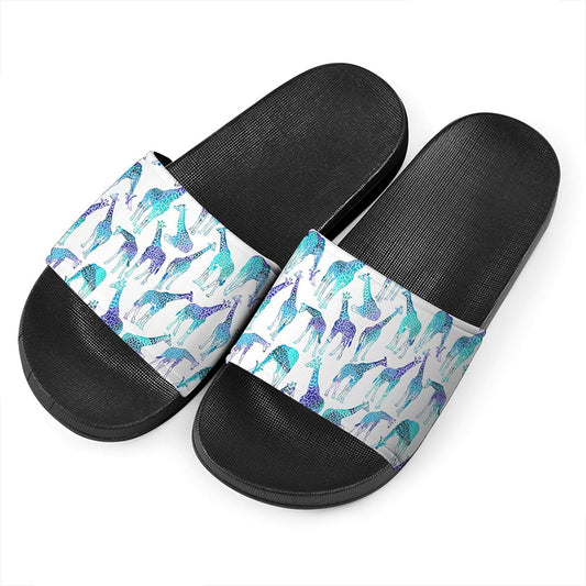 Turquoise Giraffe Pattern Print Black Slide Sandals