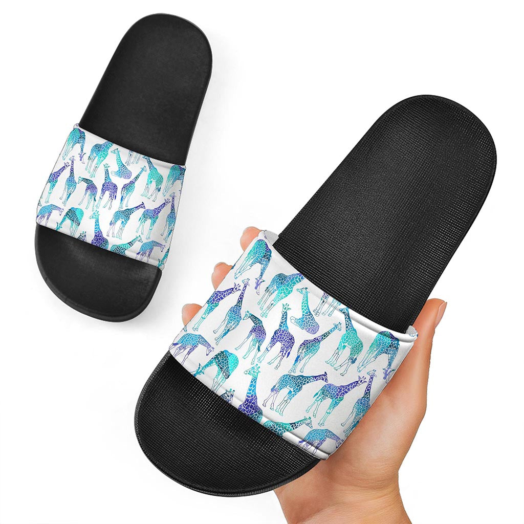 Turquoise Giraffe Pattern Print Black Slide Sandals