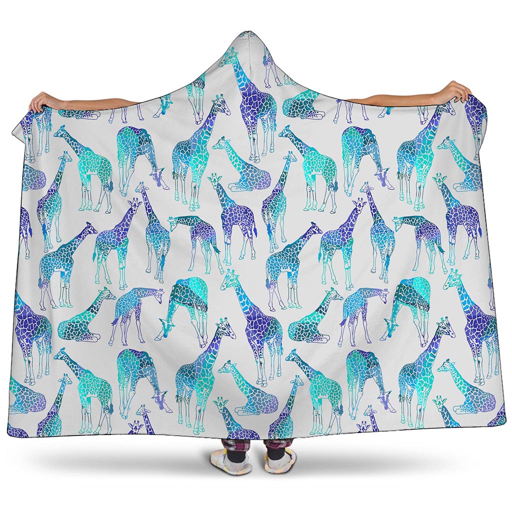 Turquoise Giraffe Pattern Print Hooded Blanket