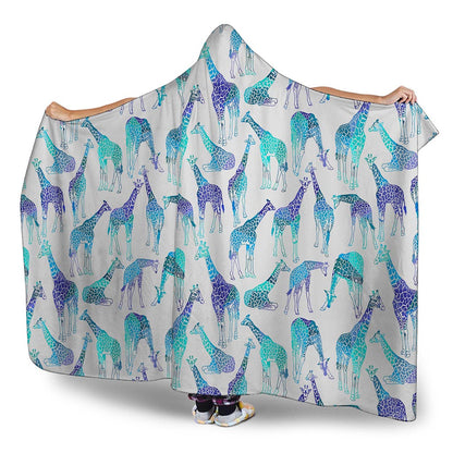 Turquoise Giraffe Pattern Print Hooded Blanket